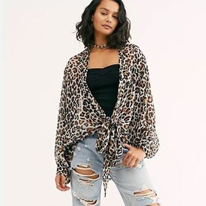 Free People Animal Print Oversized Tie Front Kimono Blouse